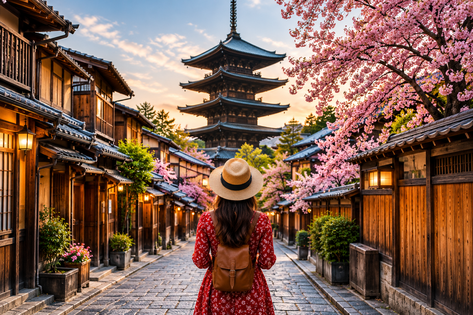 A traveller walking along a traditional Japanese street beneath cherry blossoms toward a pagoda