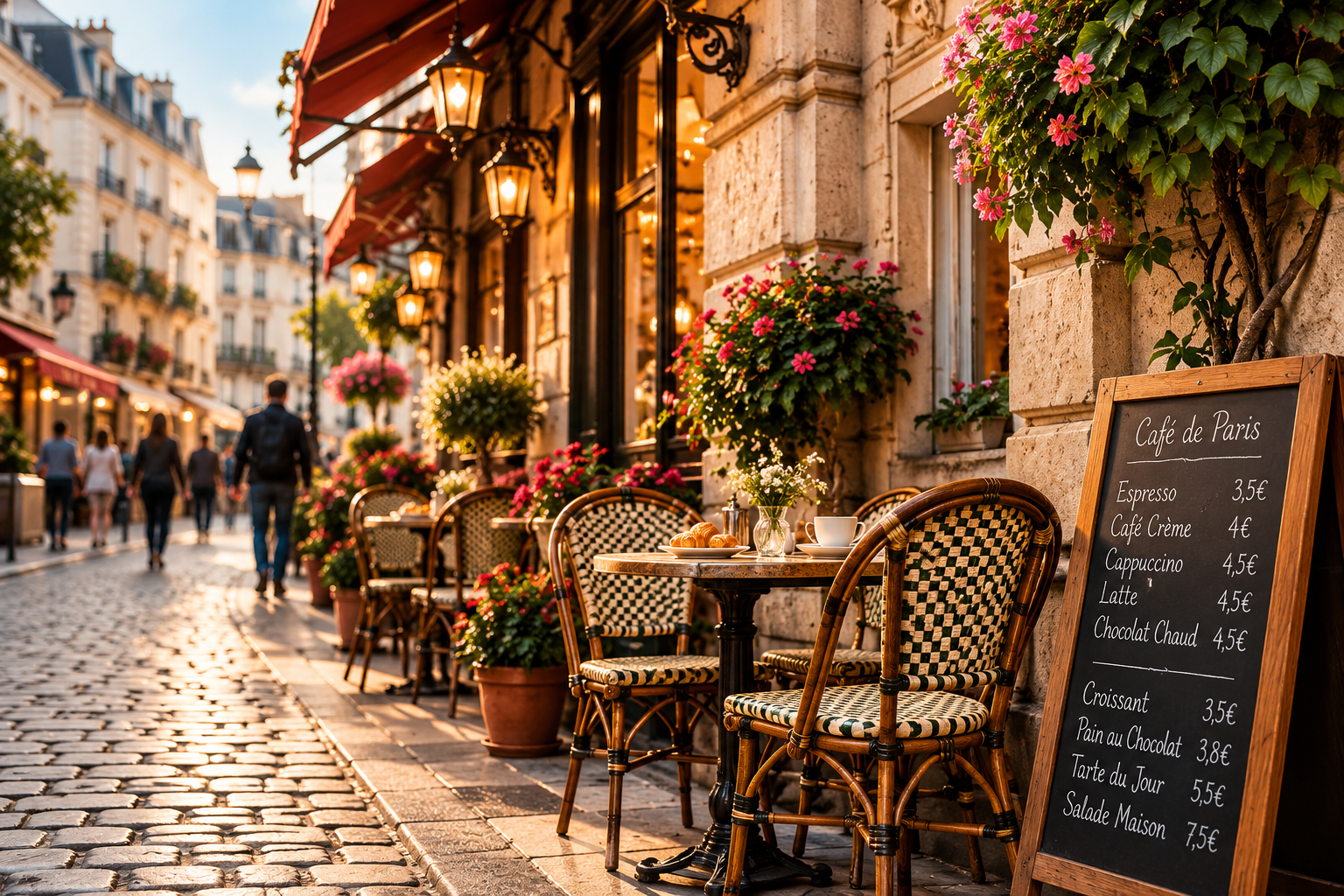 A welcoming Parisian café terrace on a historic cobbled street