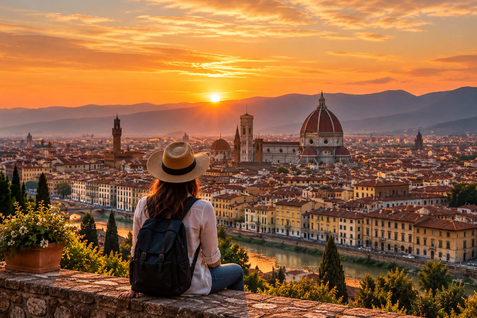 A traveller watching sunset over Florence and its historic skyline