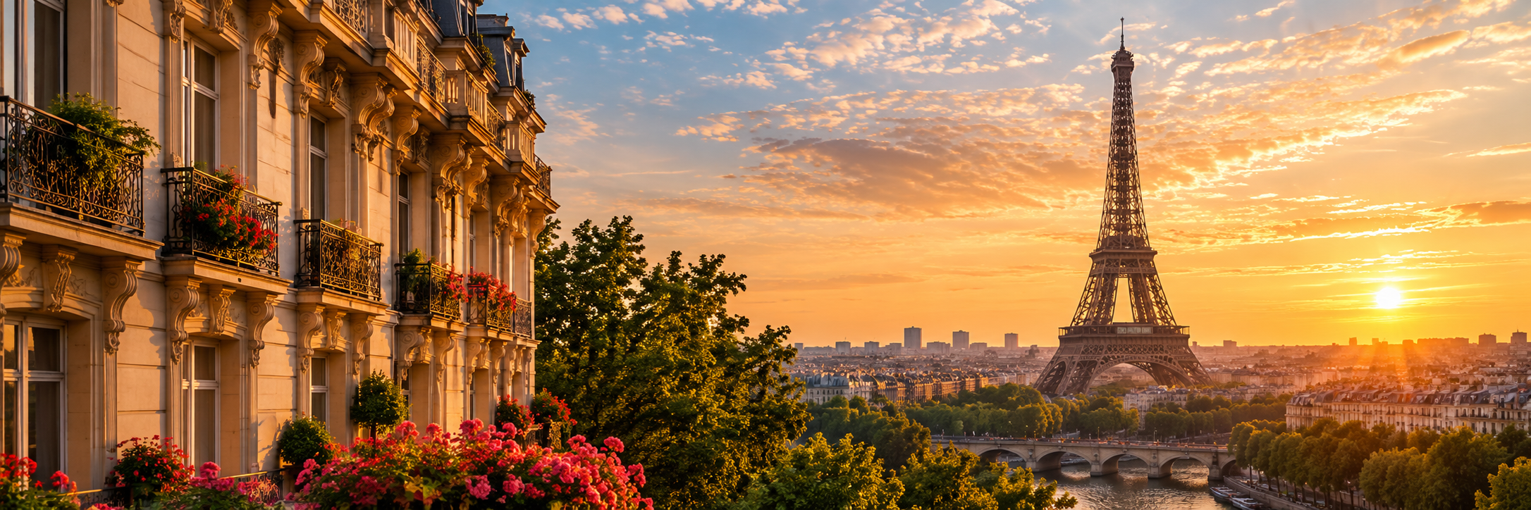 Golden sunset over Paris with the Eiffel Tower framed by a flower-filled balcony